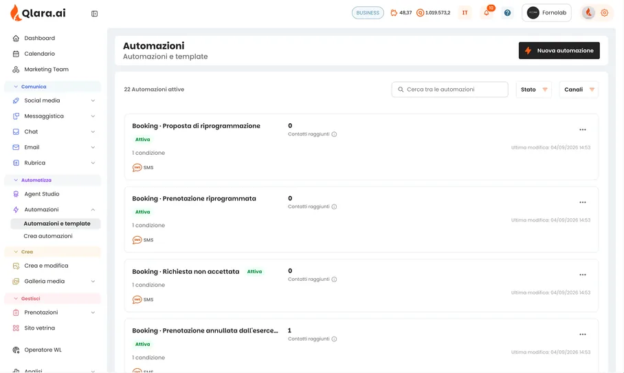The list of automations in Qlara: active automatic messages for bookings, with channel and contacts reached