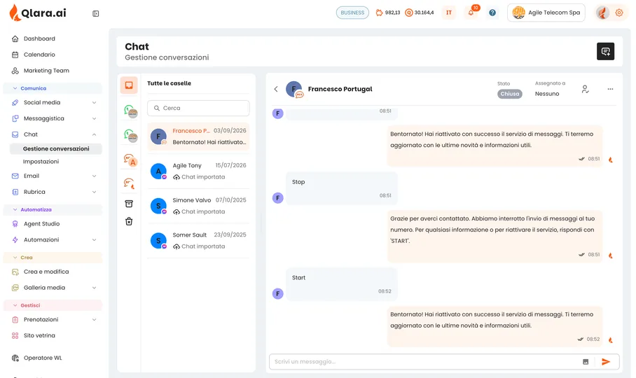 The Qlara chat: conversations from every channel in a single inbox, with the status of each one