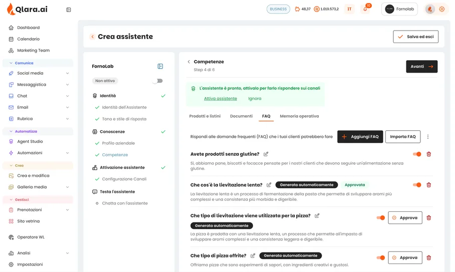 La creazione di un assistente in Qlara: competenze, domande frequenti e risposte da approvare