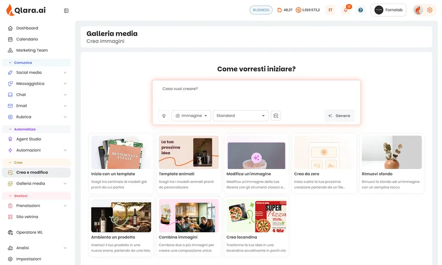 Image creation in Qlara: describe what you want or start from a template, edit photos, remove backgrounds and make posters