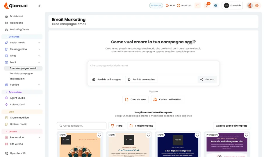 Creating an email campaign in Qlara: describe the campaign or choose a ready-made template