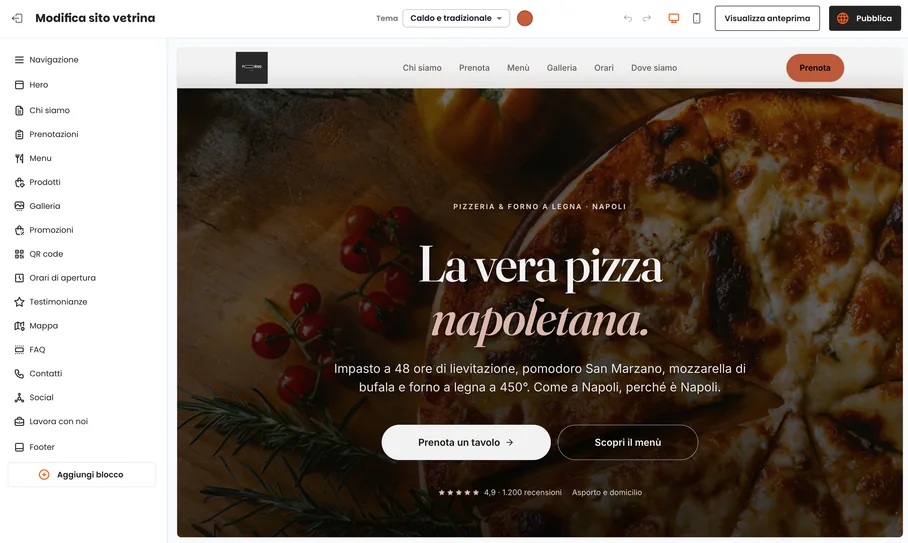 The Qlara website editor: page blocks on the left and a preview of a pizzeria’s site