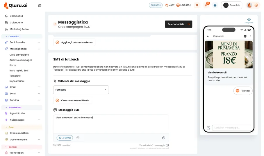 Creating an RCS campaign in Qlara: fallback SMS, sender and phone preview