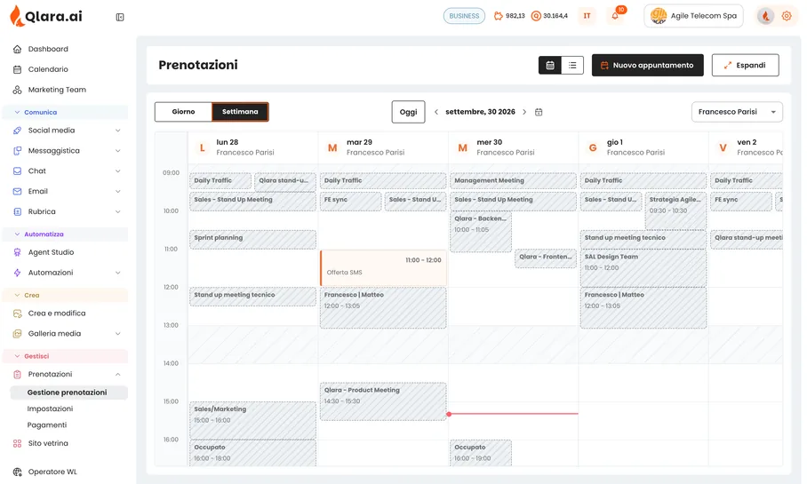 Le prenotazioni di Qlara: il calendario della settimana con appuntamenti e orari occupati