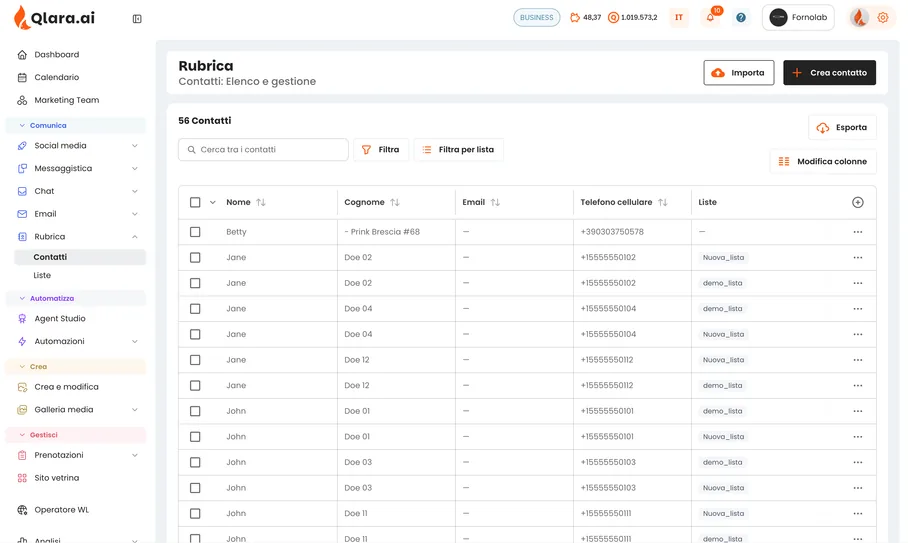 The Qlara contact book: the list of contacts with phone numbers and lists, to filter, import and export