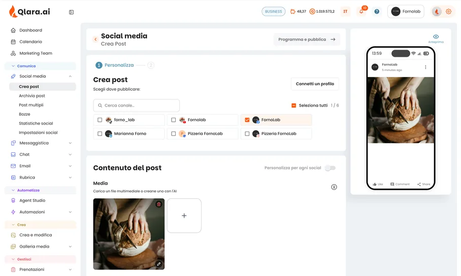 Creating a post in Qlara: channels, the post photo and caption, with a preview
