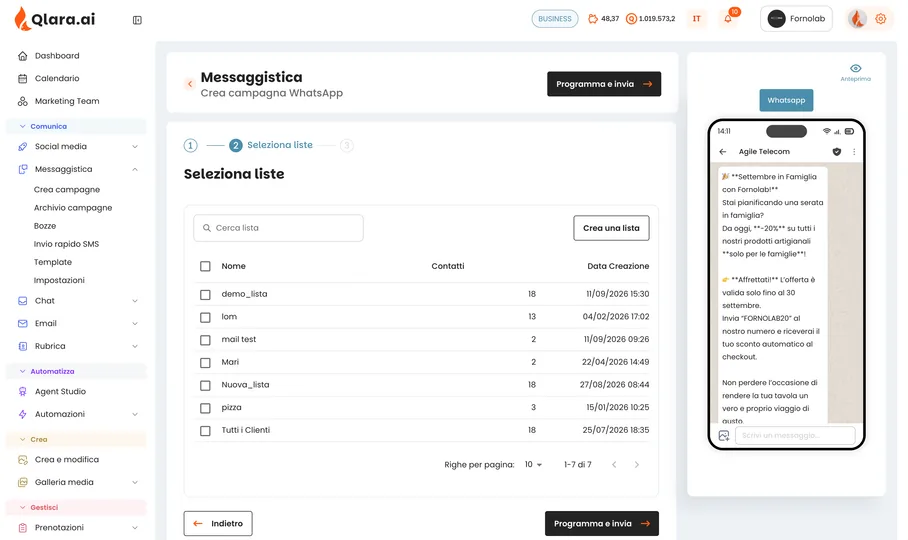 Creating a WhatsApp campaign in Qlara: choosing contact lists and previewing the message
