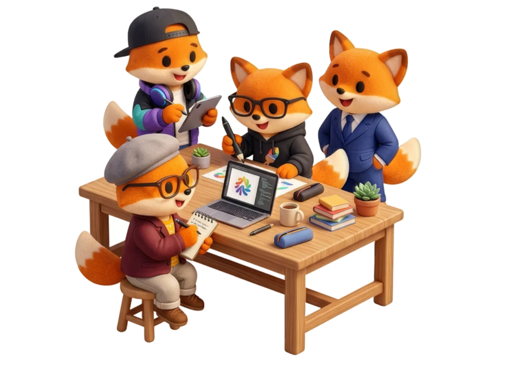 Qlara's four marketing assistants working together around a table